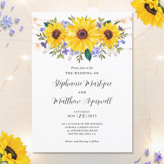 Invitation Tournesol violet Fleur sauvage Mariage botanique