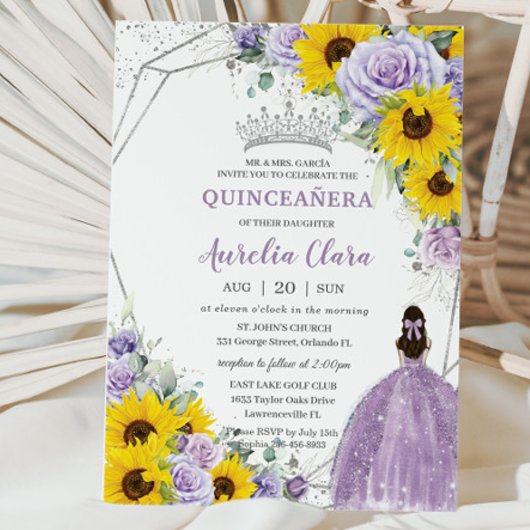 Invitation Tournesol violet Floral Princesse Gown Quinceañera