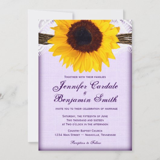 Invitation Tournesol violet Mariage campagnard rustique Invit (Devant)