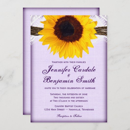 Invitation Tournesol violet Mariage campagnard rustique Invit (Devant / Derrière)