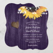 Invitation Tournesol violet Rustique Mariage en bois de grang (Devant / Derrière)