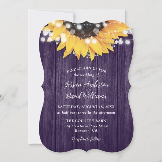 Invitation Tournesol violet Rustique Mariage en bois de grang (Devant)