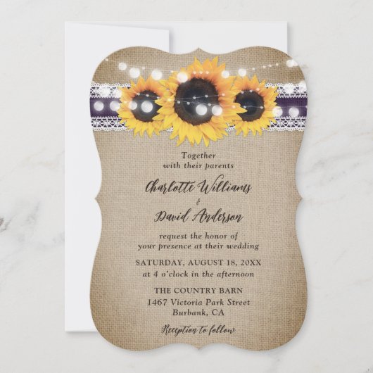 Invitation Tournesol violet Vintage Burlap Mariage dentelle (Devant)