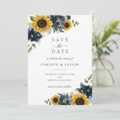 Invitation Tournesols Bleu Floral Rustique Enregistrer La Dat (Debout devant)