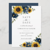 Invitation Tournesols Bleu Floral Rustique Enregistrer La Dat (Devant / Derrière)