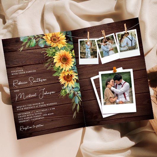 Invitation Tournesols Bois d'Eucalyptus Code QR Mariage