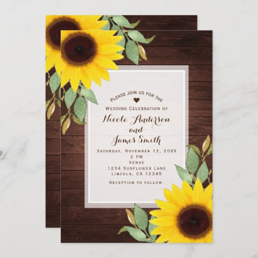 Invitation Tournesols Bois Rustique Élégant Mariage Champêtre (Devant / Derrière)