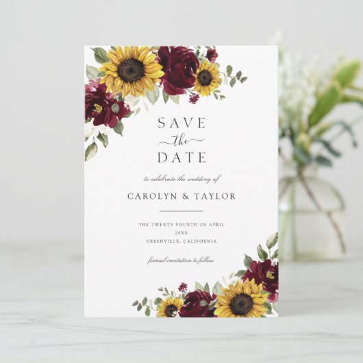 Invitation Tournesols Bourgogne Floral Rustique Enregistrer L (Debout devant)