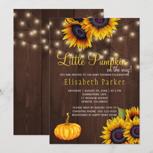 Invitation Tournesols citrouille Fête de bébé Bois grange rus (Devant / Derrière)