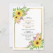 Invitation Tournesols couleur jaune, cadre or mariage (Devant)