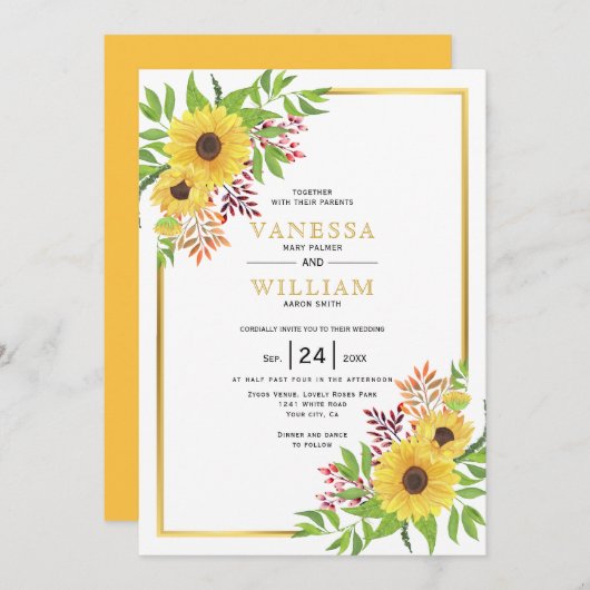 Invitation Tournesols couleur jaune, cadre or mariage (Devant / Derrière)