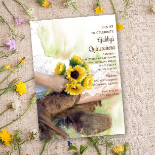 Invitation Tournesols Cowgirl Quinceañera Aquarelle Western