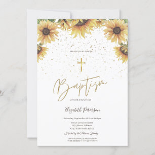 Invitation Tournesols Croix Dorée Élégante Baptême