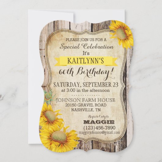 Invitation Tournesols de pays et anniversaire en bois (Devant)