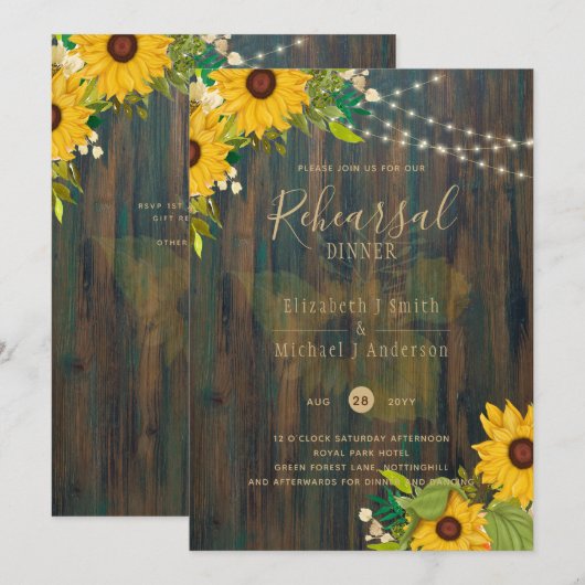 Invitation Tournesols d'été Rustic Wood REHEARSAL DINNER Inv (Devant / Derrière)