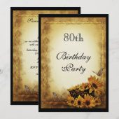 Invitation Tournesols d'or et papillons 80e anniversaire (Devant / Derrière)
