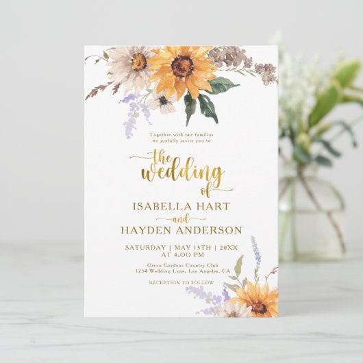 Invitation Tournesols d'or Marguerites rustiques Chute Mariag (Debout devant)