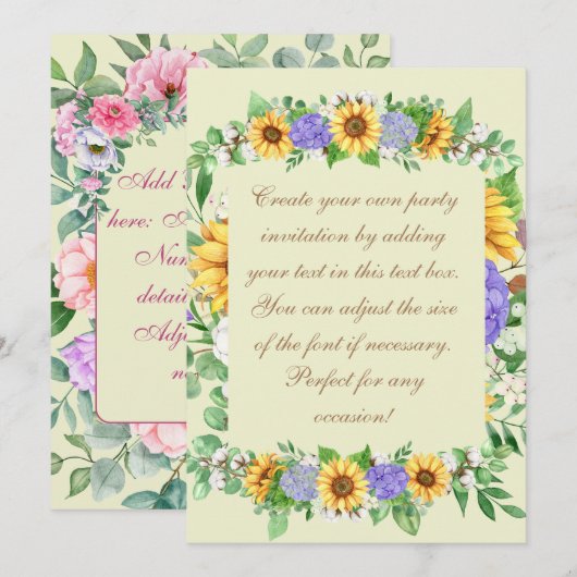 Invitation Tournesols Élégants & Hydrangeas Bleus (Devant / Derrière)