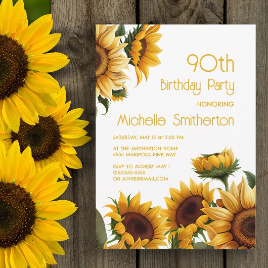 Invitation Tournesols Élégants Rustiques 90e Anniversaire