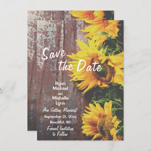 Invitation Tournesols en bois rustique Enregistrer la date Ma (Devant / Derrière)