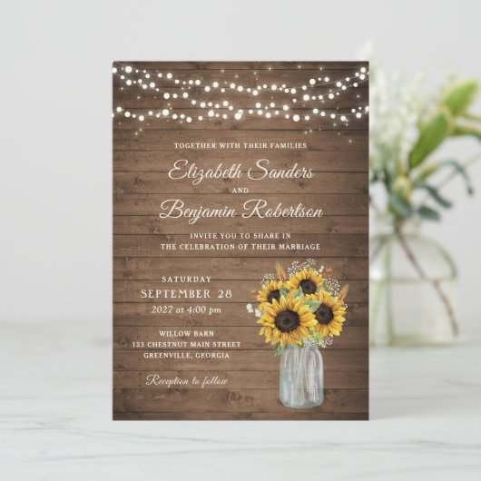 Invitation Tournesols en bois rustique Mason Jar Mariage (Debout devant)