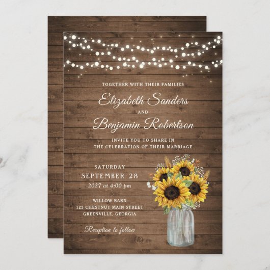 Invitation Tournesols en bois rustique Mason Jar Mariage (Devant / Derrière)