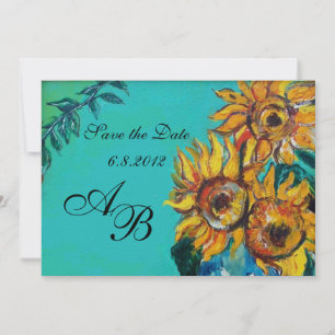 INVITATION TOURNESOLS EN ÉTÉ BLEU TURQUOISE PARTY MONOGRAMME