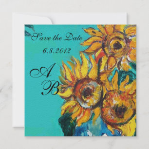 INVITATION TOURNESOLS EN ÉTÉ BLEU TURQUOISE PARTY MONOGRAMME
