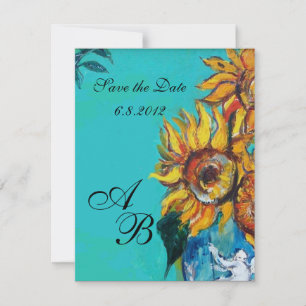 INVITATION TOURNESOLS EN ÉTÉ PARTY MONOGRAMME TURQUOISE BLEU