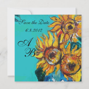 INVITATION TOURNESOLS EN ÉTÉ PARTY MONOGRAMME TURQUOISE BLEU