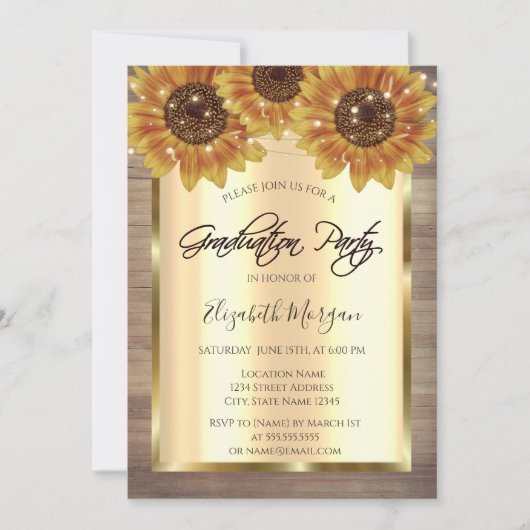 Invitation Tournesols en or rustique, Lumières, Graduation en (Devant)