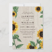Invitation Tournesols et bois rustique campagne QR Code Maria (Devant)