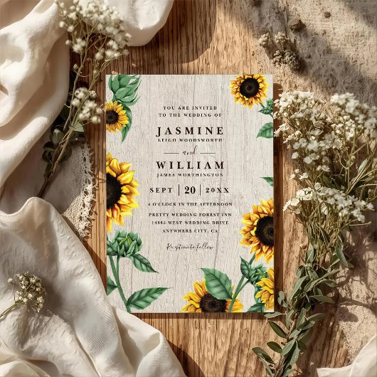 Invitation Tournesols et bois rustique campagne QR Code Maria