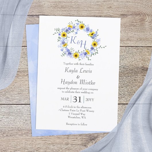 Invitation Tournesols et couronne Mariage Rose Dusty