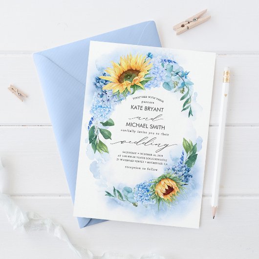 Invitation Tournesols et hydrangea bleu poussiéreux Fleurs de