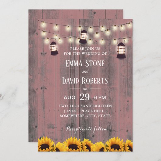 Invitation Tournesols et lanternes rustiques Mariage de grang (Devant / Derrière)
