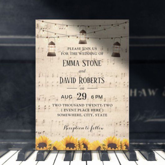 Invitation Tournesols et lanternes rustiques Mariage musical