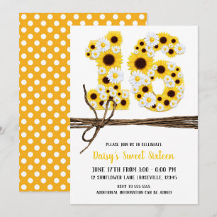 Invitation Tournesols et pâquerettes SIXTEEN 16 Fête d'annive