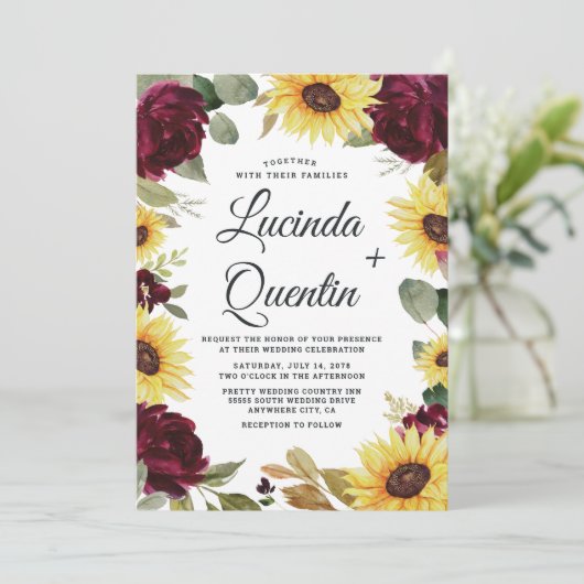 Invitation Tournesols et Rose Bourgogne Rouge Rustique Mariag (Debout devant)