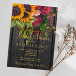 Invitation Tournesols et rose en bois rustique douche de nage<br><div class="desc">Rustique pays nuptiale douche élégante invitation modèle sur bois de grange brun foncé arrière - plan avec de grands tournesols d'or jaune et bouquets rose bordeaux rouge, cordes de lumières scintillantes, et un script de typographie en faux or. Facile à personnaliser avec vos détails ! Vous pouvez choisir de le...</div>