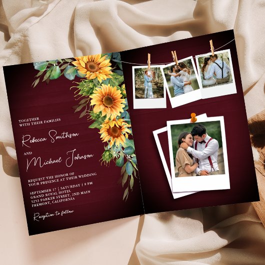 Invitation Tournesols Eucalyptus Bourgogne Code QR Mariage