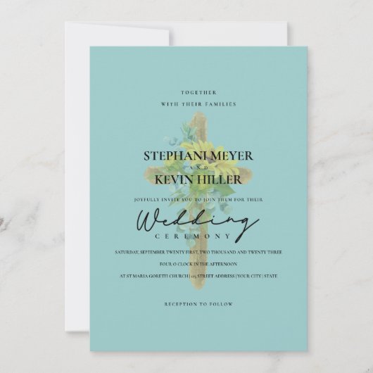 Invitation Tournesols & Eucalyptus Croix en bois Mariage Turq (Devant)