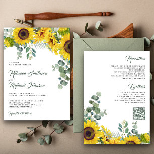 Invitation Tournesols Eucalyptus Tout en Un Code QR Mariage