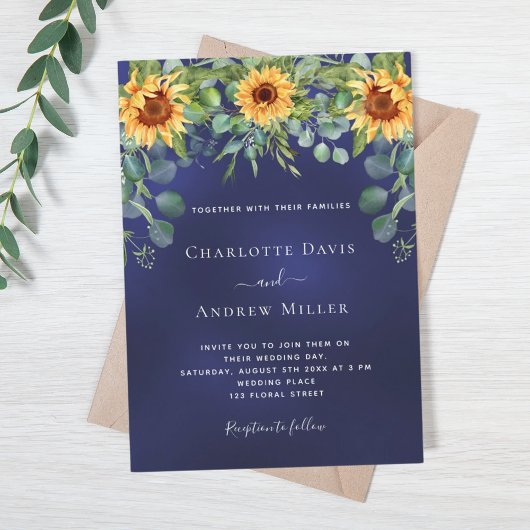 Invitation Tournesols eucalyptus verdure bleu marine