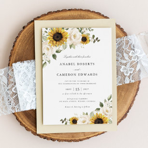 Invitation Tournesols Fleurs Blanches Verdure Élégant Mariage