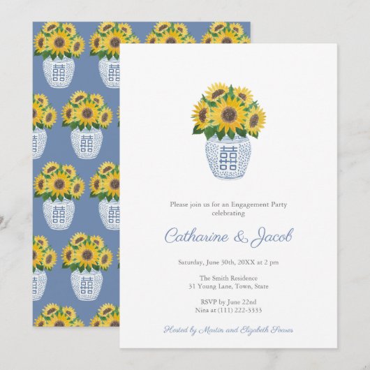 Invitation Tournesols Jarre en grès bleu blanc pour fête de f (Devant / Derrière)