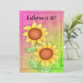 Invitation Tournesols jaunes sur fond floral rose et vert tex (Debout devant)