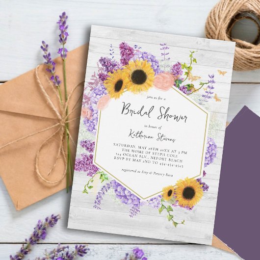 Invitation Tournesols Lilac Hexagon Fête des mariées rustique