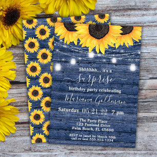 Invitation Tournesols Lumières Bleu Surprise Fête d'anniversa