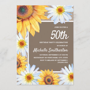 Invitation Tournesols Marguerites blanches Toile de jute 50e